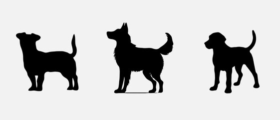 Dog silhouette collection vector. Dog in various poses and activities like jumping, sitting, running, playing, and standing. Silhouette black puppies, pet dog vector