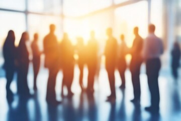 Silhouetted people engaged in conversation during sunset in a modern office setting with large windows overlooking the cityscape