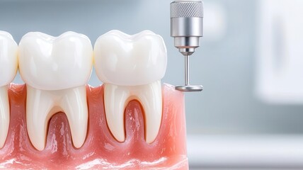 Dental procedure with close-up of teeth, dental equipment on blurred background.