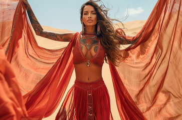 Beautiful woman wearing ornate tribal and tattoos stands in the middle of two giant red cloth drapes. The background is desert sand dunes.