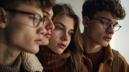 Fototapeta premium A group of young adults in cozy autumn attire, gazing pensively into the distance, capturing the essence of thoughtful companionship.