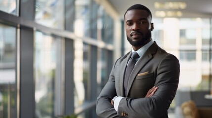 Fototapeta premium A poised businessman in a tailored suit stands confidently with arms crossed in a modern, glass-walled office.