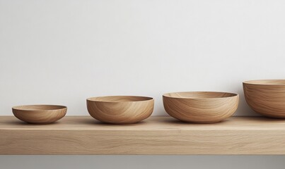 Natural wooden bowls showcased on a minimalist wooden shelf against a plain wall during daylight hours