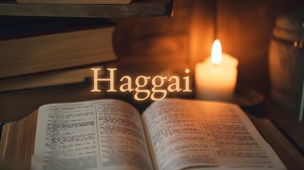 A captivating cinematic view of the Book of Haggai, featuring an open Bible that flickers with candlelight, illuminating the name of the book in a warm glow 