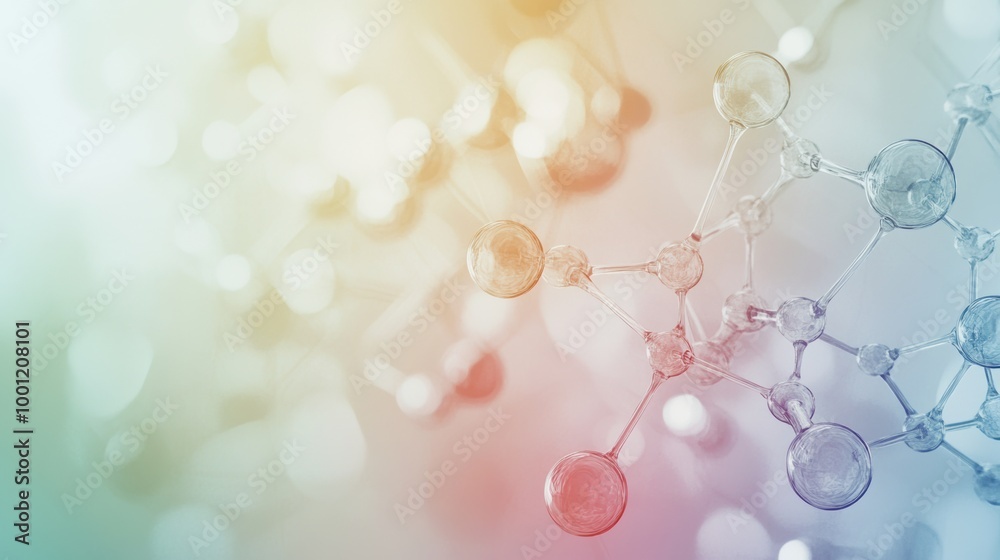 Poster abstract depiction of molecules and chemical structures illuminated in vibrant colors, showcasing th