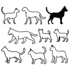 A versatile collection of dog silhouettes in vector format. Ideal for logos, prints, and design projects that feature various canine breeds in minimalist and elegant black and white outlines.