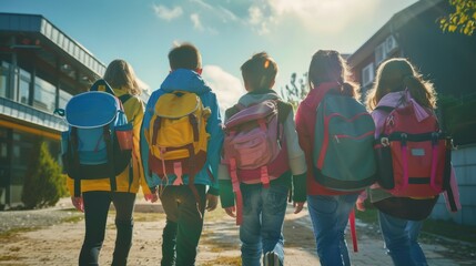 Five children with colorful backpacks walk towards the horizon, highlighting the joy of learning and the start of a new adventure.