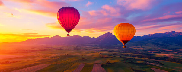 Hot air balloons floating under a vast, colorful sunset sky, open fields below, beautiful sky sunset vast, freedom and exploration