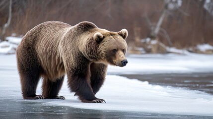 Brown Bear Walking Along a Frozen River