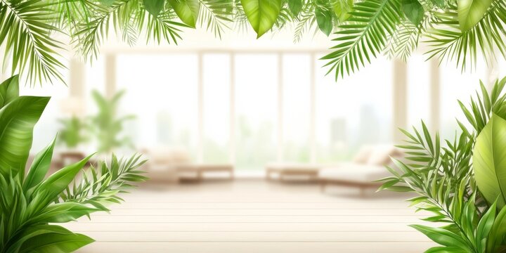 A lush tropical indoor setting with green plants framing a bright, modern living room space during the daytime