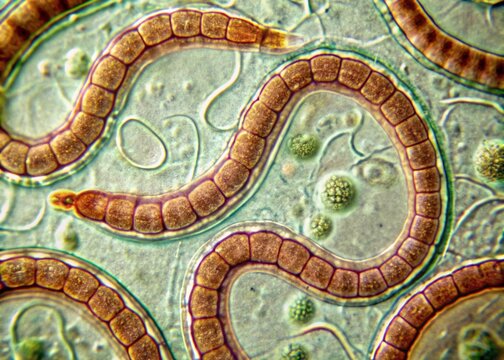 Microscopic view of a parasitic tapeworm segments in human feces, exhibiting characteristic proglottids and scolex,