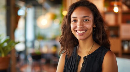 A cheerful young professional in a white shirt poses smiling against a backdrop of lush green plants.
