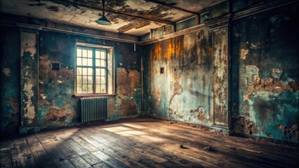 Obraz premium Dark and gritty vintage interior with weathered walls and peeling paint for background design