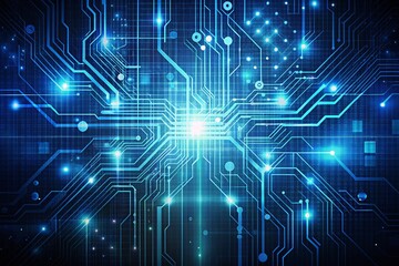 Obraz premium Minimalist dark blue background with blurred hexadecimal code and circuit board patterns, overlaid with subtle