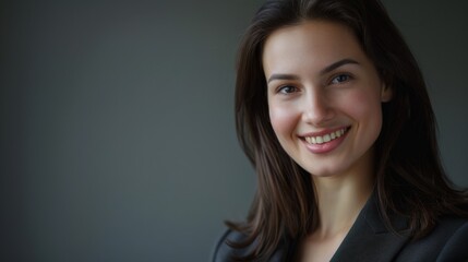 Fototapeta premium A confident woman with brown hair and a soft smile, wearing a dark blazer, stands against a plain background, emanating professionalism and warmth.