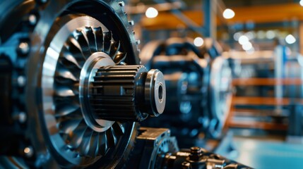 Fototapeta premium A close-up of a complex industrial machine component, showcasing intricate metal gears and parts under bright factory lights.
