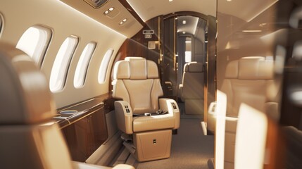 The luxurious interior of a private jet featuring plush, beige leather seats and wooden accents, evoking a sense of comfort and exclusivity.