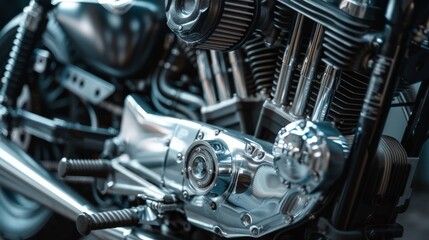 Fototapeta premium Close-up view of a gleaming motorcycle engine showcasing intricate design and metallic sheen, highlighting the craftsmanship and power of the machine.