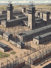 Fototapeta premium A vector of a large prison complex with barbed wire fences and multiple watchtowers