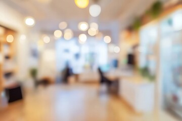 Bright and airy coworking space with a modern design and blurred background in a city, bustling with creativity and collaboration