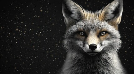 Obraz premium A fox with a serene expression looks out into a dark background filled with snowflakes
