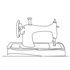 One continuous single drawing line art flat doodle sewing, craft, equipment, fashion, machine, clothes, sew, spool, tailor, design. Isolated image hand draw contour on a white background