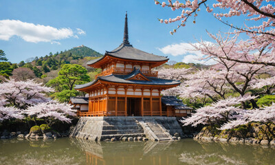 A traditional Japanese temple stands beside a serene pond surrounded by blooming cherry trees