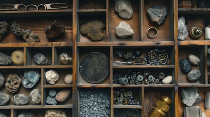 A collection of assorted minerals, rocks, and small artifacts meticulously arranged in a wooden display case, showcasing a hobbyist's attention to detail and passion.