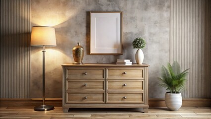 Vintage chest of drawer lamp and home decoration mock up poster