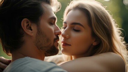 Fototapeta premium Intimate close-up photo of a couple sharing a kiss, captured in sharp 4K resolution, perfect for romantic and emotional visuals