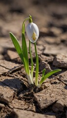 Single white flower with yellow stamens growing from cracked dry soil