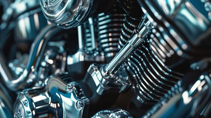 Fototapeta premium Close-up of an intricately designed chrome motorcycle engine showcasing mechanical artistry and precision engineering.