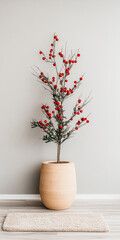 Fototapeta premium Stylish indoor decoration featuring a small branch with red berries in a beige pot against a light grey wall