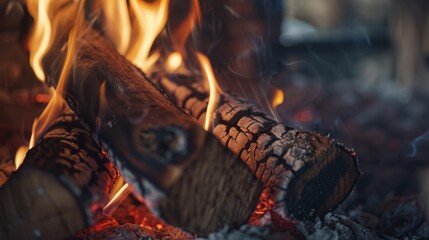 Detailed view of burning logs in a glowing fire pit, capturing the crackling warmth and intensity of the flames.