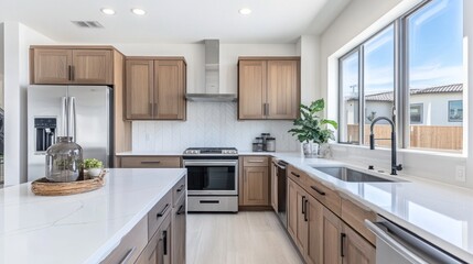 Fototapeta premium Modern kitchen with wooden cabinets, stainless steel appliances, and natural light.