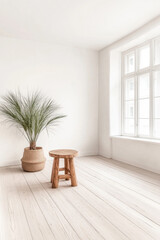 Simple interior design featuring a minimalist space with a wooden stool and a potted plant near a bright window on a sunny day