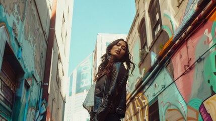 Fototapeta premium A fashionable individual standing confidently in a graffiti-covered alley, blending urban art with personal style.