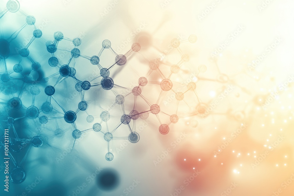 Poster an abstract representation of molecular structures and chemical bonds in soft blue and orange hues, 
