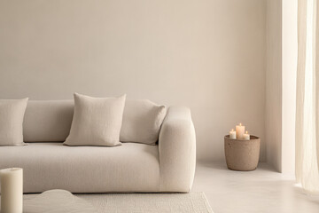 Cozy living room with a textured couch, candles, and soft lighting for a serene atmosphere