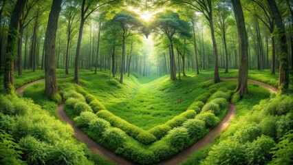 Heart shaped panorama of spring forest trees on Valentine's Day with love nature environment romantic scenery landscape outdoors foliage lush green branches leaves celebration affe