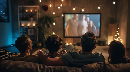 Group of friends watching a movie in a cozy living room setting.