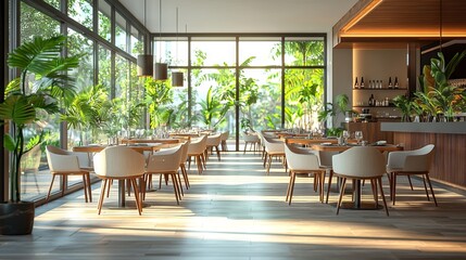 Fototapeta premium Modern restaurant interior with large windows and natural light