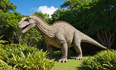 Obraz premium A large dinosaur statue stands in a grassy area, surrounded by lush foliage