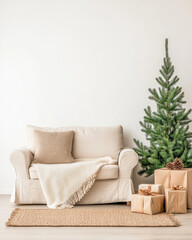 Naklejka premium Cozy living room decorated for the holidays with a Christmas tree and gift-wrapped presents in a warm, inviting atmosphere