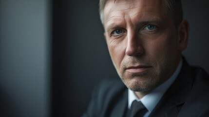 Fototapeta premium An intense-looking man in a dark suit stares thoughtfully into the distance from a dimly lit room.