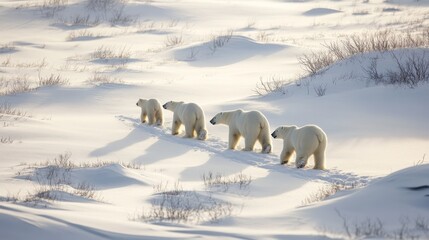 Naklejka premium Family of Polar Bears Walking Through Snowy Landscape