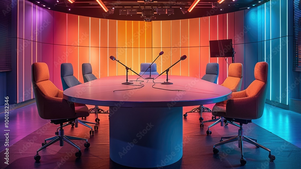 Aufkleber An intimate and trendy and colorful tv studio with a large oval table with 4 chairs and microphones.