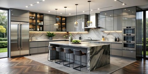 Modern designer kitchen with handleless cabinets, black edges, marble island, glass appliances