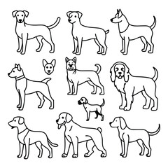 A versatile collection of dog silhouettes in vector format. Ideal for logos, prints, and design projects that feature various canine breeds in minimalist and elegant black and white outlines.