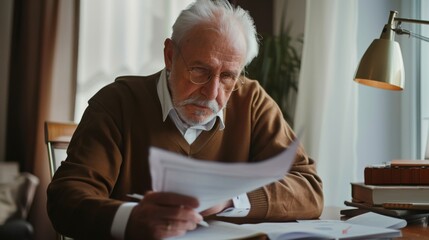 Fototapeta premium An elderly man, dressed in a brown sweater and glasses, attentively reads documents at a wooden desk, illuminated by cozy ambient light from a study lamp.
